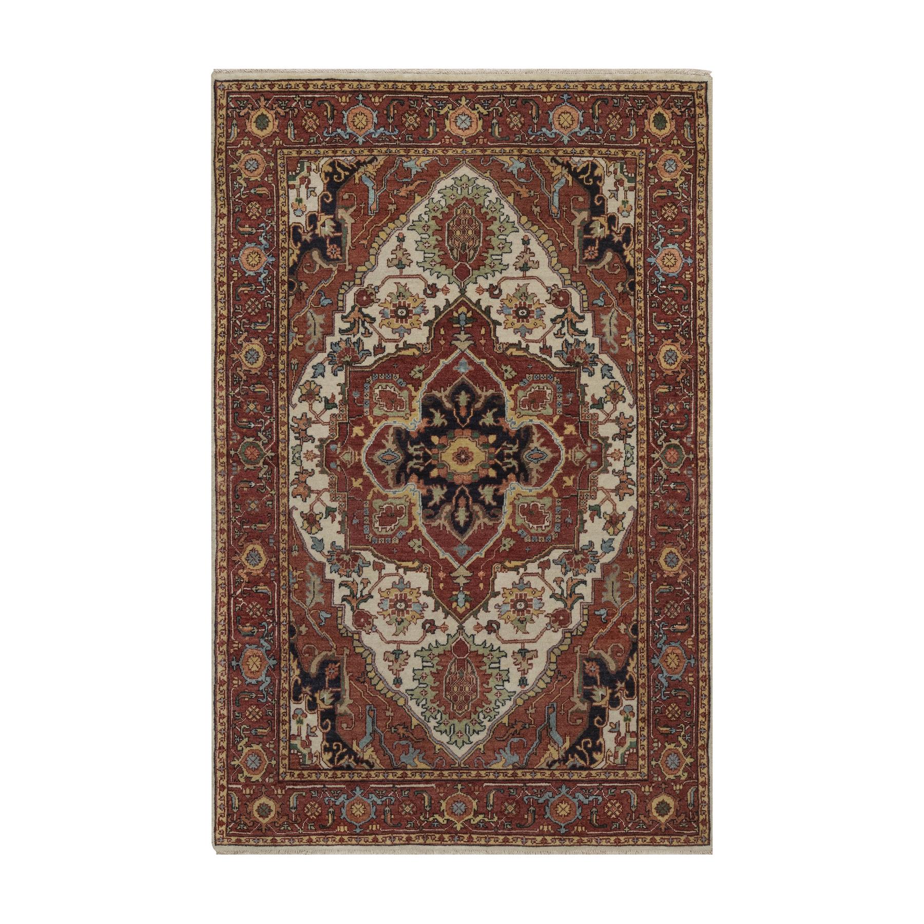 4'x6' Chiffon White, Antiqued Fine Heriz Re-Creation, Medallion Design, Hand Spun New Zealand Wool, Hand Knotted, Soft Pile, Vegetable Dyes, Oriental Rug 